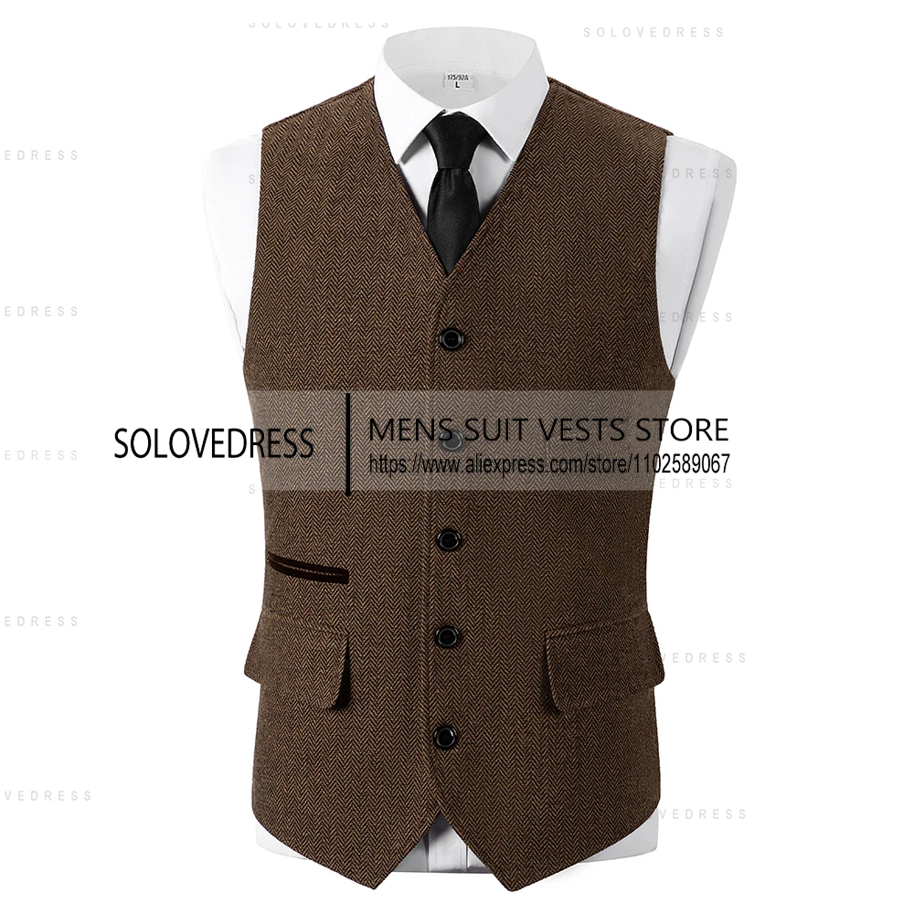 V Neck Men's Herringbone Tweed  Real Pocket Wasitcoat  Men's Suits Vest Single Breasted  Winter Men's Waistcoat In Stock