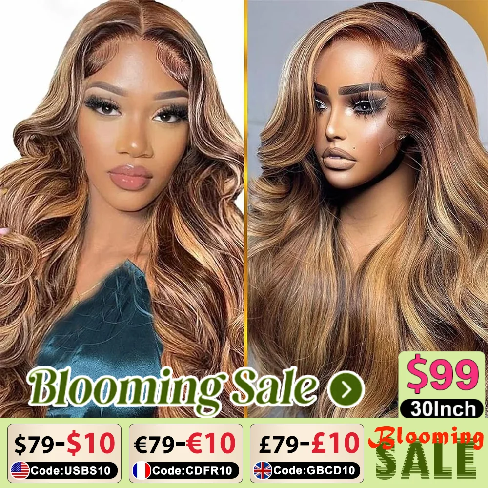 HD Lace Front Body Wave Wig para Mulheres, Remy Cabelo Humano, Glueless, Piano Ombre, Loiro, Marrom, Destaque, 13x4, 13x6, P4, 27