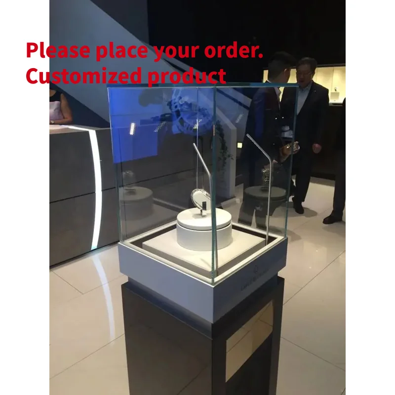 custom.Custom Security Glass Jewelry Showcase Counter with Lock, Modern Black Metal Frame Display Cabinet Gold Watch Store S