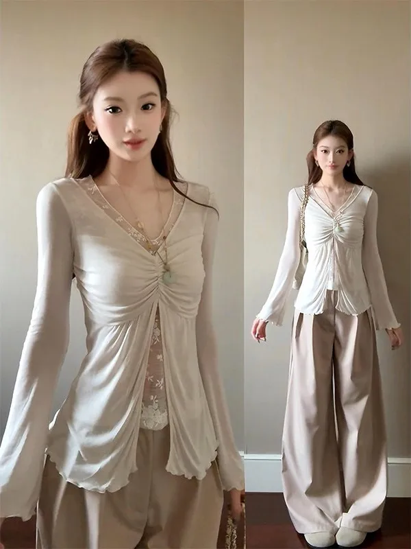 

plus Size Lace Trim V-Neck T-Shirt And High Waist Wide Leg Pants Set Women's Fashion Spring Outfit Casual Comfortable Ensemble