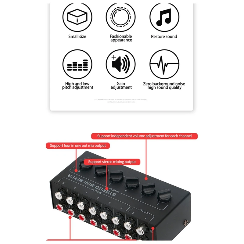 A99E-Channels Mixer Stereo Pasif Mixer Audio Mini Mixer Suara Portabel Input RCA Kebisingan Ultra Rendah untuk Studio Langsung