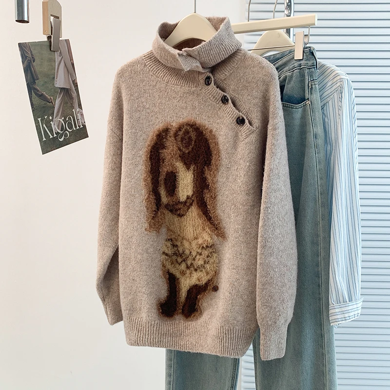 Casual Sweater For Women Korean Sweet Cute Puppy Knitted Pullovers Autumn Winter Loose Button Design Collar Sweaters Mujer