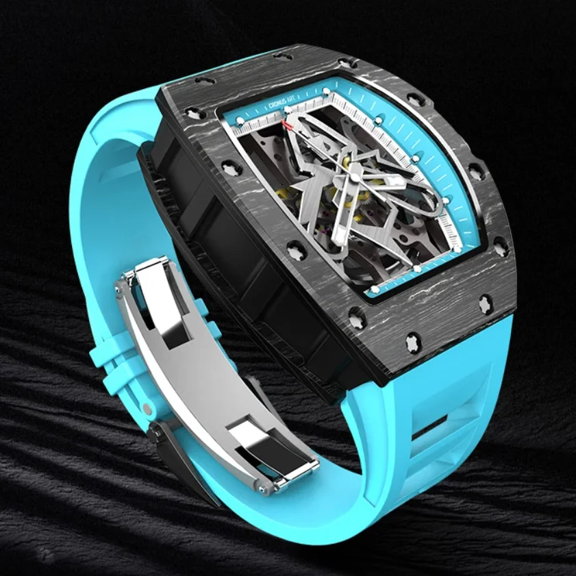 

CRONUSART Мужские автоматические часы 50 мм Tonneau Корпус из углеродного волокна Механические наручные часы Светящийся полый циферблат Фторкаучуковый ремешок