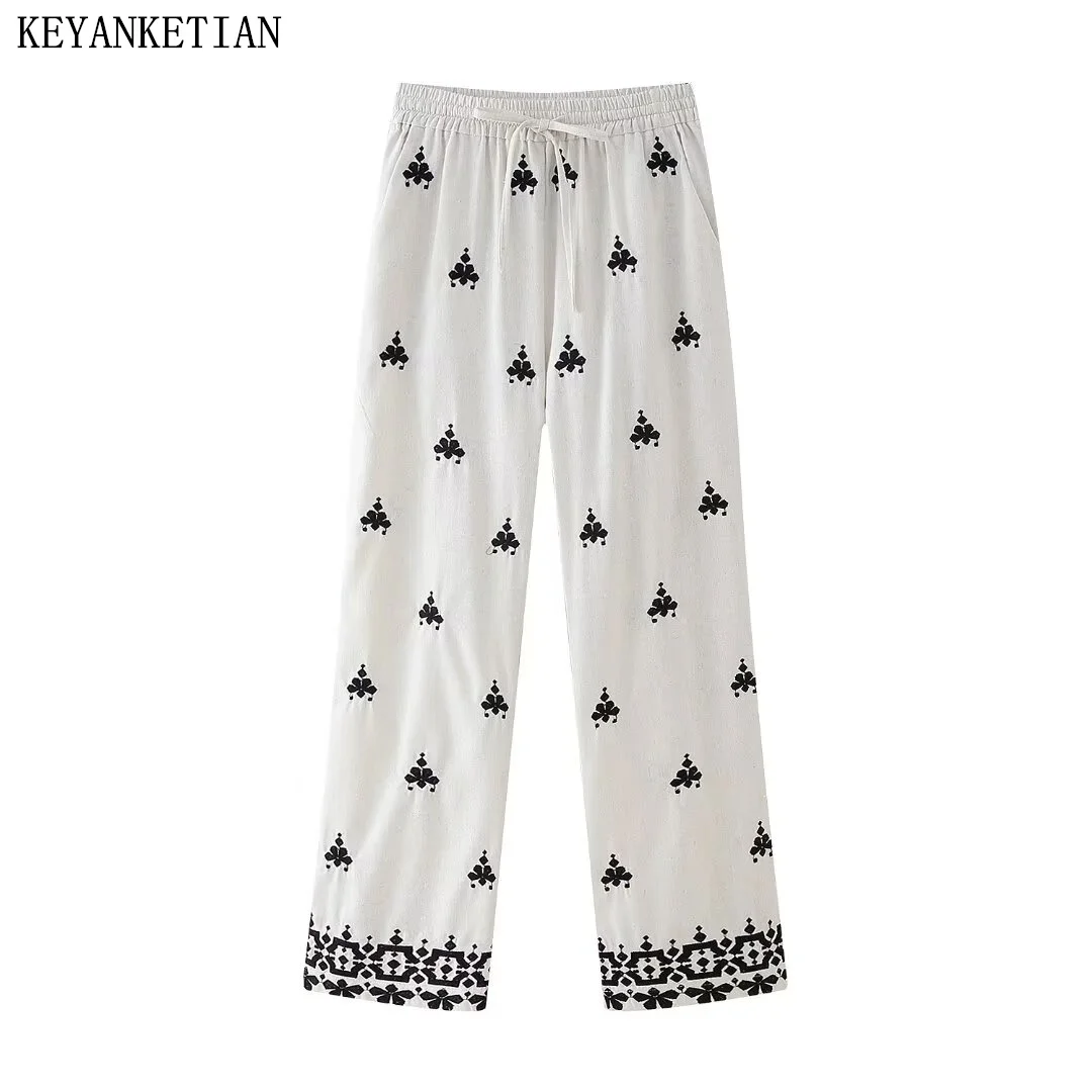 

KEYANKETIAN 2024 New Launch Ethnic style Embroidery Straight Pants Women's Drawstring Elastic Waist Retro Linen Long Trousers