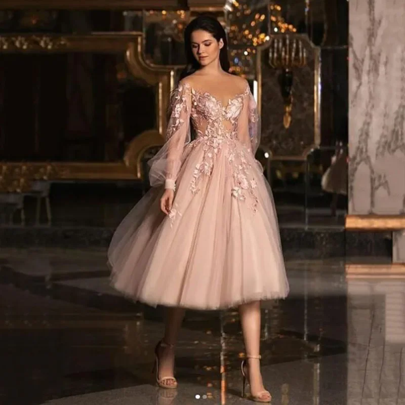 Vestidos de fiesta de mujer de color rosa con clase, mangas largas, apliques de novia hasta la rodilla, ilusión de hadas, vestidos de baile para banquete de noche inteligentes