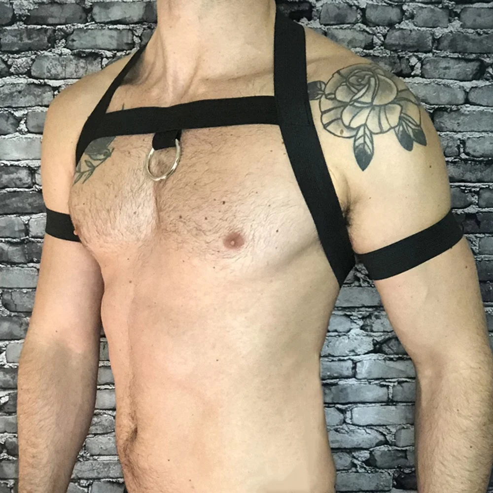 Men Gay Body Chest Harness Halter Neck Elastic Sexy Bondage Top Lingerie with Armband Shoulder Straps Sissy Gay Club Costume