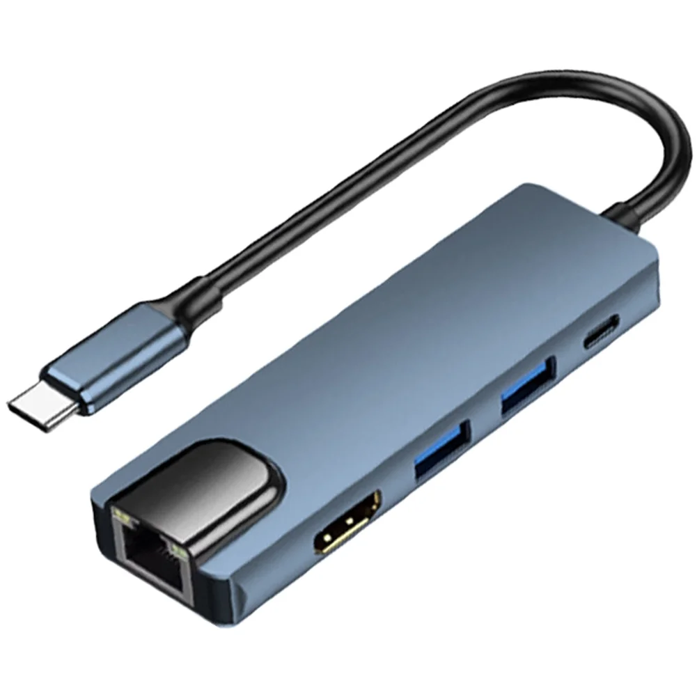 5-in-1 Type-C Hub Featuring 4K/60Hz Video Output USB 3.0 Data Transfer 100Mbps Ethernet and Memory Card Reader