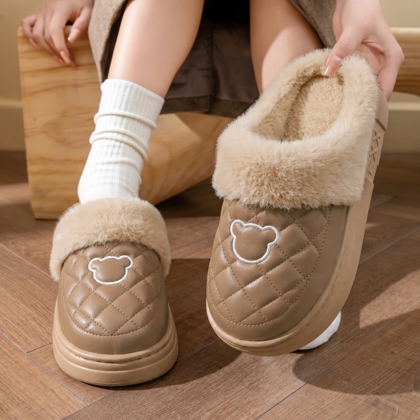 Herren Damen Winter Warme Hausschuhe Wasserdichte Plattform Dicke Sohle Fell-Slides Gemütliche Plüsch Rutschfeste Weiche Indoor Outdoor Baumwoll-Mules – Detail 14