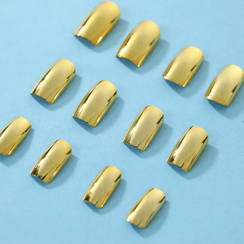 24pcs Solid Color Simple Glossy False Nails Full Coverage Removable Fake Nails Short Gold Mirror Press on Nails Tips with Tools