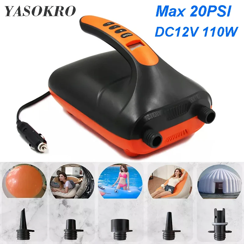 

20 PSI Doul Stage Electric Air Pump High Pressure Outdoor Paddle Board Pump for SUP Kayak Air Beds 12V 110W Inflatable Pump