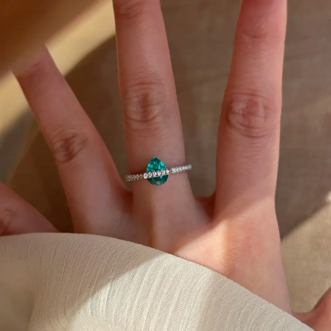 925 Sterling Silver Pear Cut Paraiba Tourmaline High Carbon Diamond Gem Engagement Rings for Women Fine Jewelry