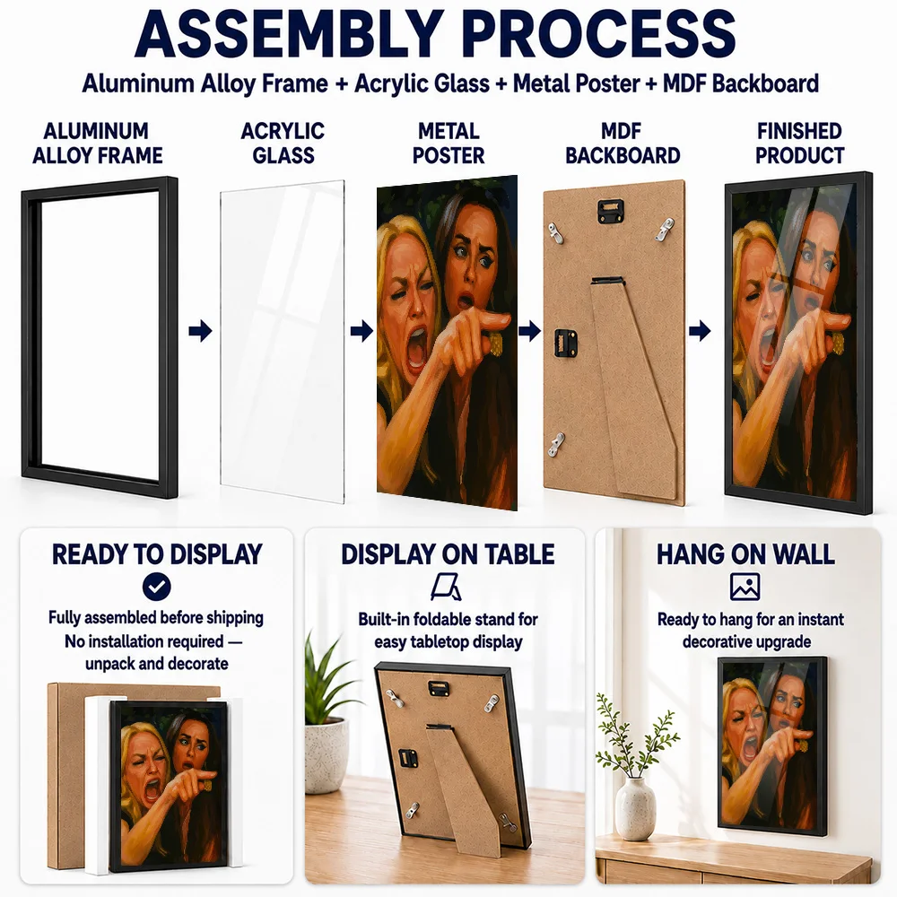 Women Yelling Meme Portrait Framed Aluminum Metal Poster Personalized Painting Style Wall Art For Guest Toilet Washbasin Area