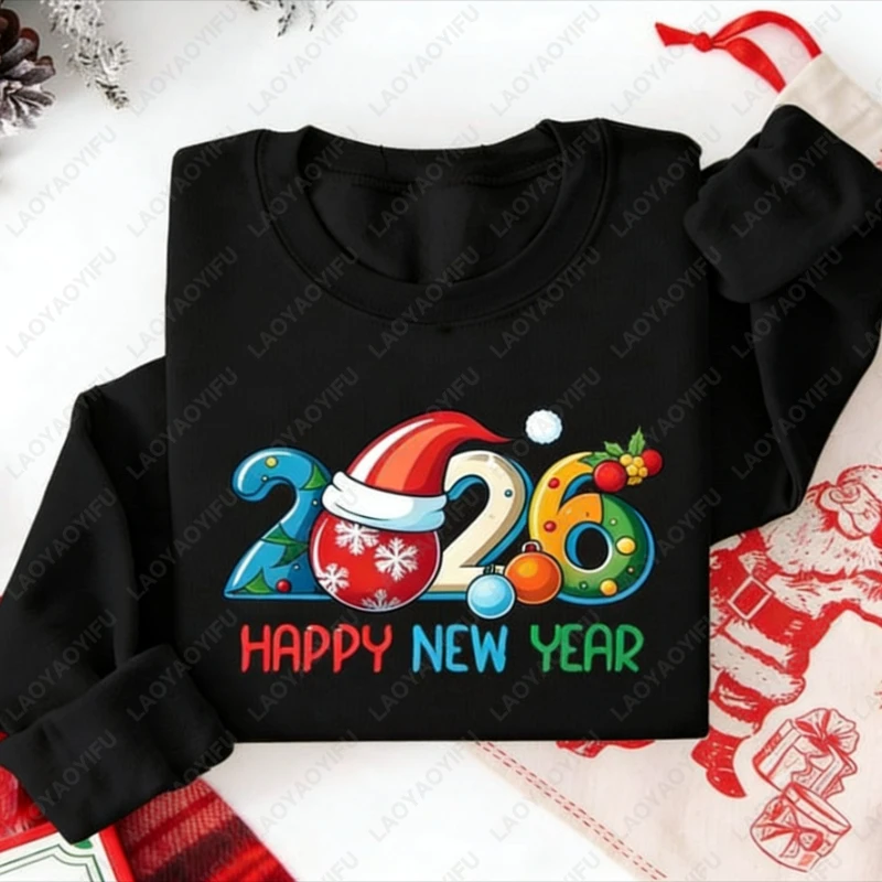 سنة جديدة سعيدة 2026 الأسرة مطابقة البلوز احتفالي لطيف للجنسين البلوز مضحك عيد الميلاد قبعة الرسم الاحتفال حفلة هودي #2