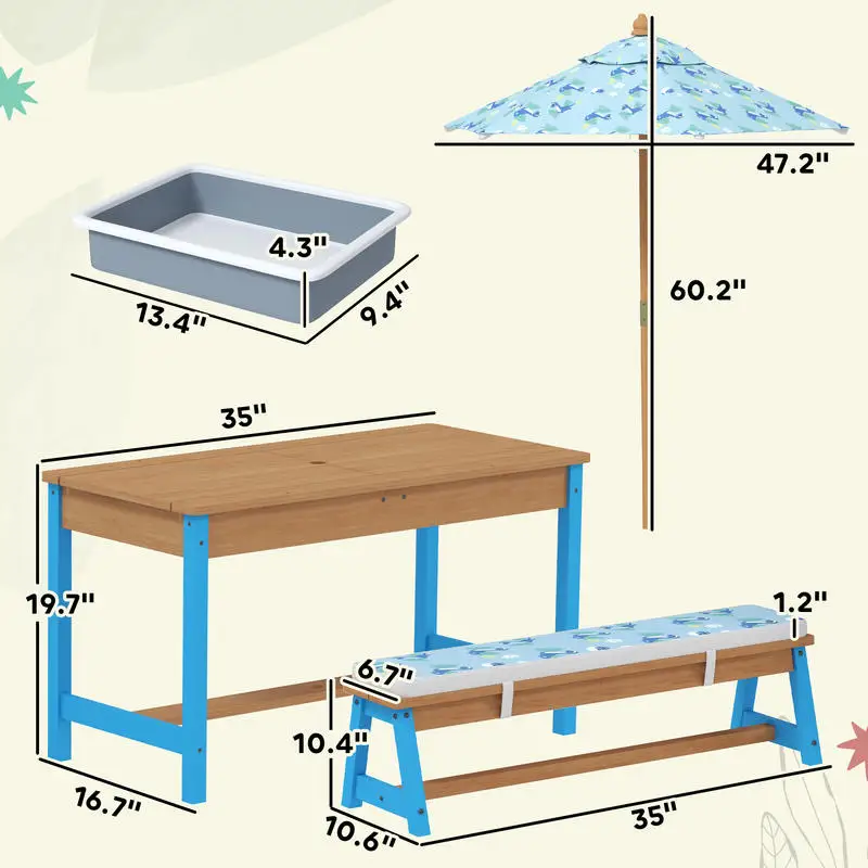 Qaba Kids Picnic Table Set with Foldable Umbrella, Removable Cushions & Boxes, Dinosaur Theme, Blue