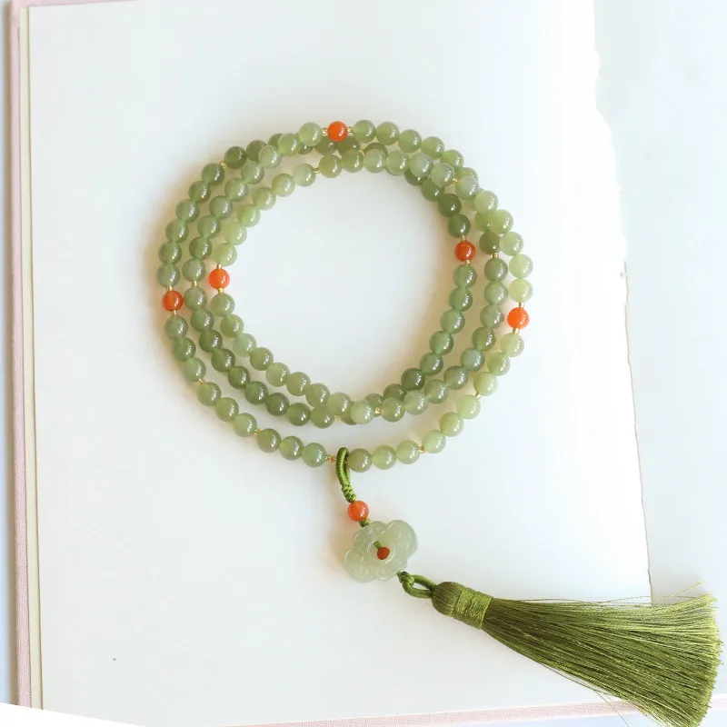 Hetian Jade Old Pit Qing Water 108-Bead Bracelet w/South Red Cloud Accents: Multi-Wrap Bracelet/Necklace/Sweater Chain Gift