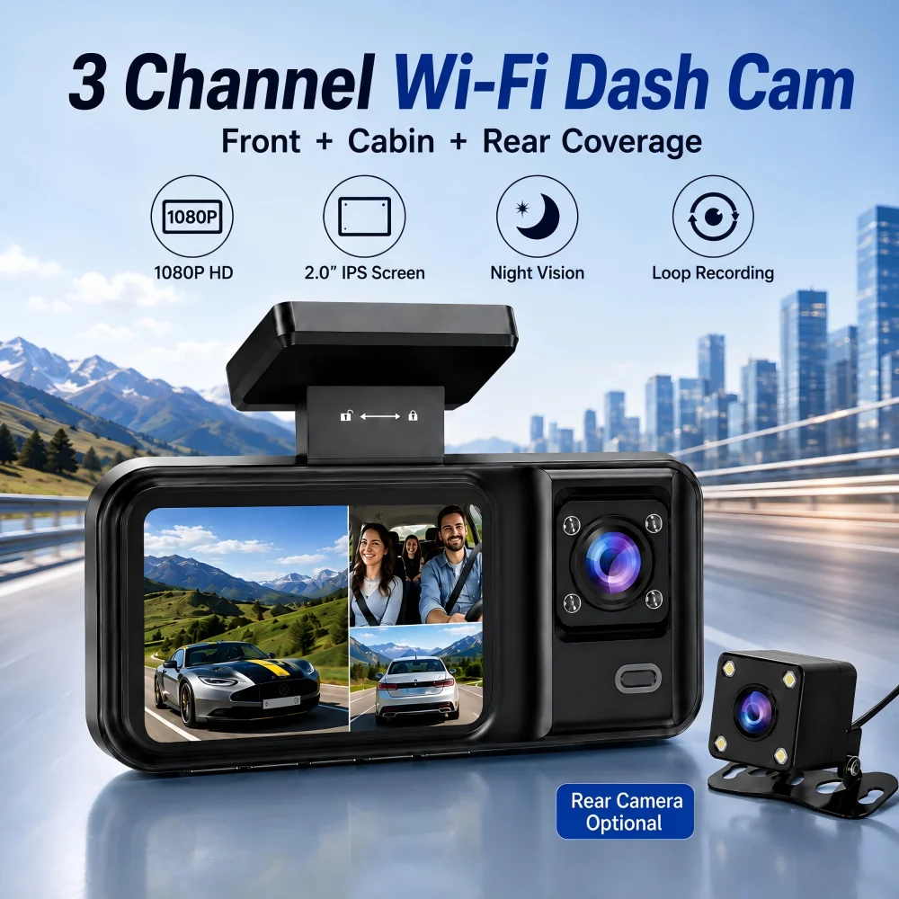 3 Channel WiFi Dash Cam 1080P Front Cabin Inside Car DVR, Optional Rear Camera, 2.0