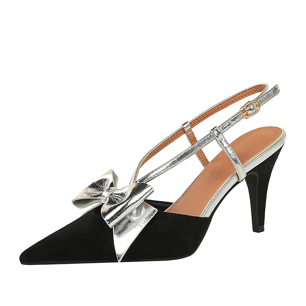 

Banquet high heels suede color blocked pointed shoes butterfly bow single shoes hollowed out women's shoes