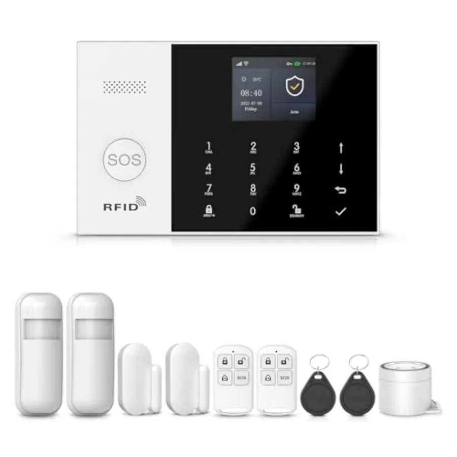 Wireless Alarm System for home and apartment security, ABS plastic, white, DIY 4G/WiFi with phone app alerts, door/window and m