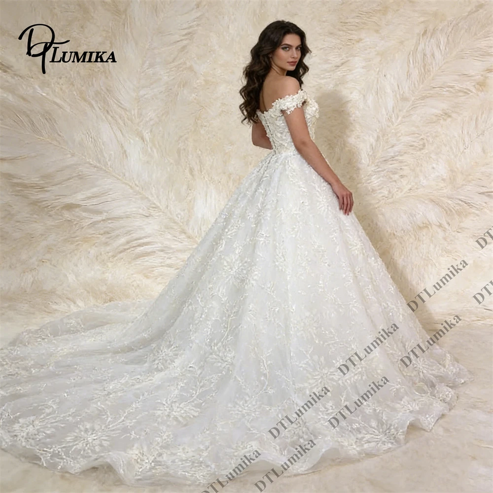 DTLumika Luxury Embroidered Bridal Gown, Off Shoulder Tulle Ball Gown with Lace Detailing & Sweep Train, Made to Order
