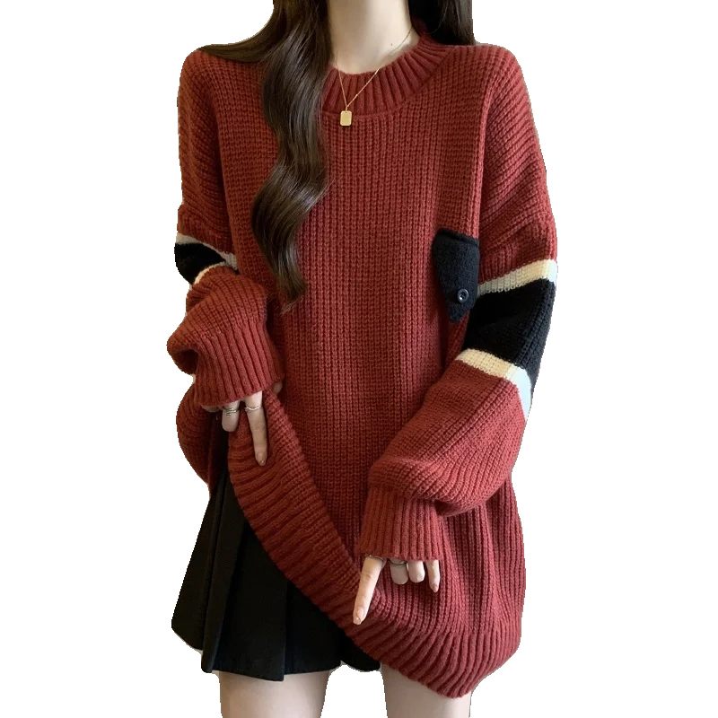 Loose Mid-length Pullover Sweater for Women in Autumn and Winter Round Neck Long Sleeve Printed Versatile Sweater Casual Top
