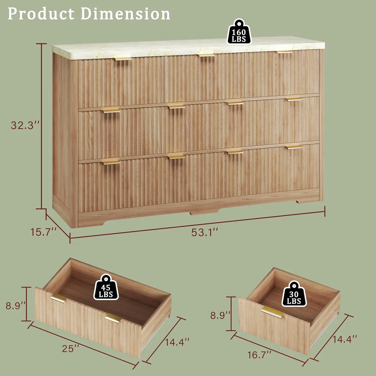 Cômoda para quarto com 7 gavetas, cômodas modernas de 53 '' com tampo de mármore falso, cômodas de meados do século com alça dourada e