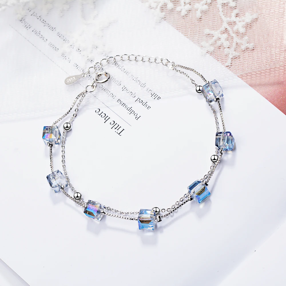 

Square Natural Blue Topaz 925 Sterling Silver Double Layer Beads Rubik's Cube Bracelet for Women Gemstone Jewelry Wedding Gift