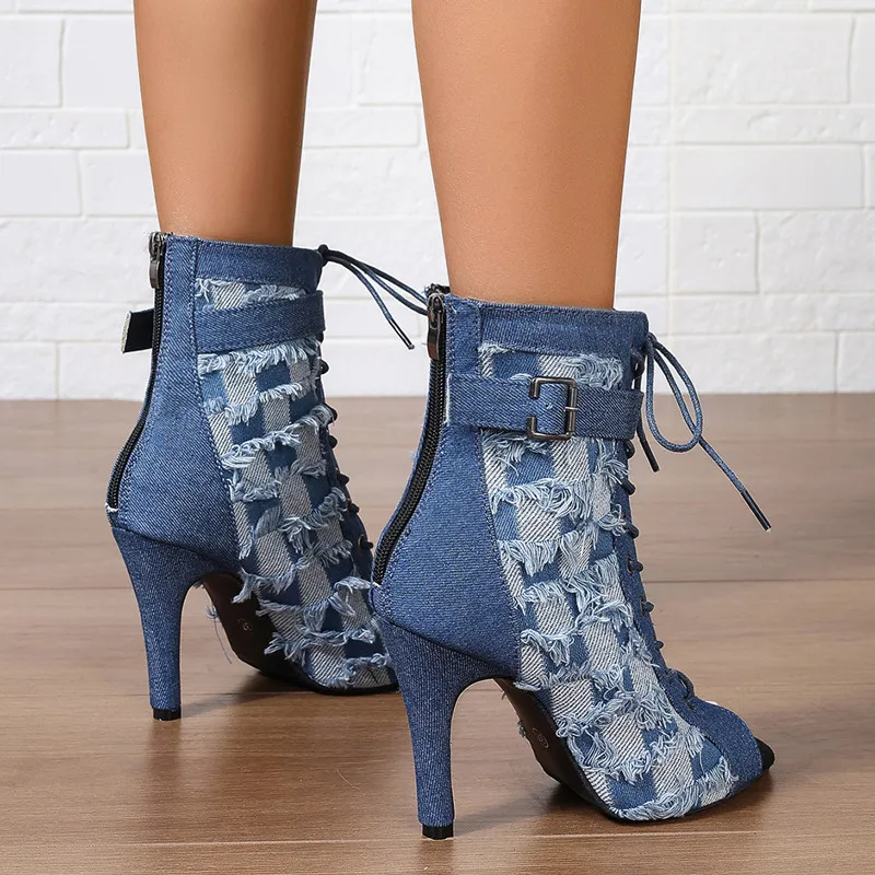 Denim Women Peep Toe Ankle Boots Elegant Breathable Shoes High Heel Women's Modern Short Booties Fashion Summer Cold Feminino view 6