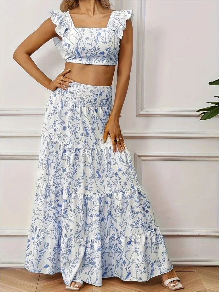 Feminino elegante decote quadrado curto topo impresso saia conjunto de duas peças verão fresco e doce estilo sem mangas umbigo conjunto casual