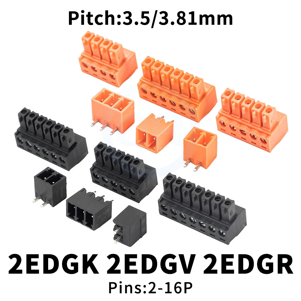(5 Sets) KF 2EDGK + 2EDGV 2EDGR - 3.5MM 3.81MM Plugs and Sockets Black/Orange Plug-in Terminal Blocks 15EDGK 15EDGV/R 3.5 3.81