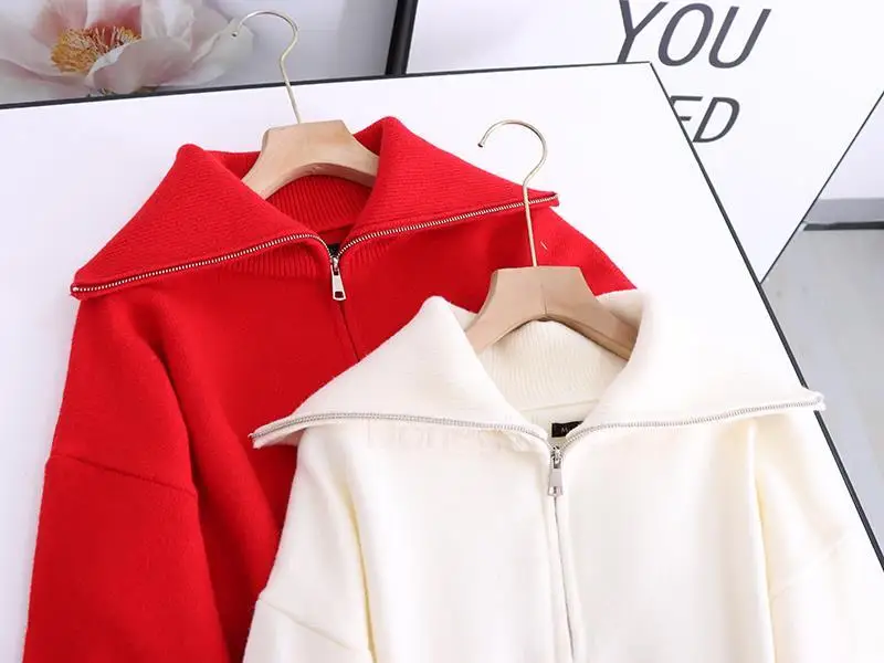 Donegirl 2023 Women Autumn New Fashion Lapel Half Zipper Knitted Sweater Solid Simple Casual Loose Pullovers Female Tops Chic