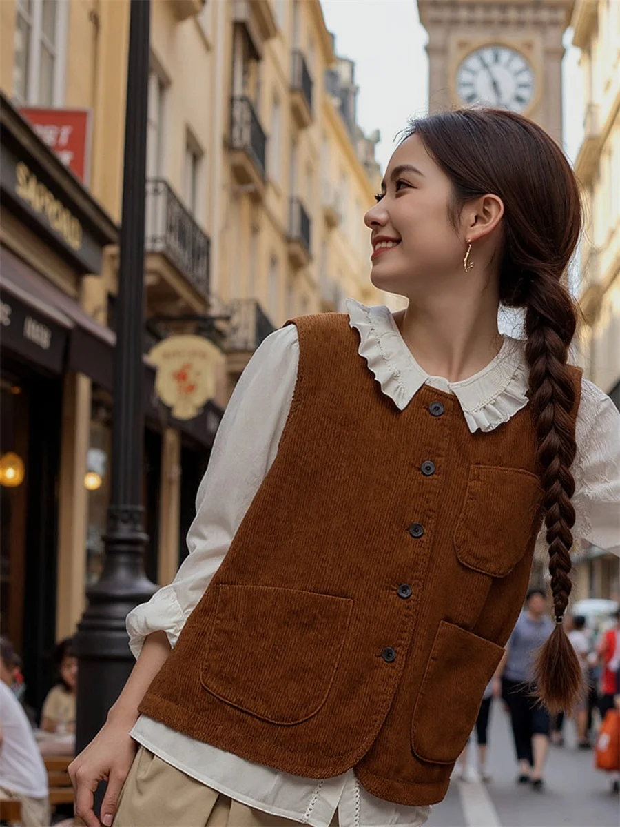 

Женские жилеты большого размера, коричневые, свободные, осенние, толстые, из старых денег, элегантные, без рукавов, простые, стильные, модные, женские