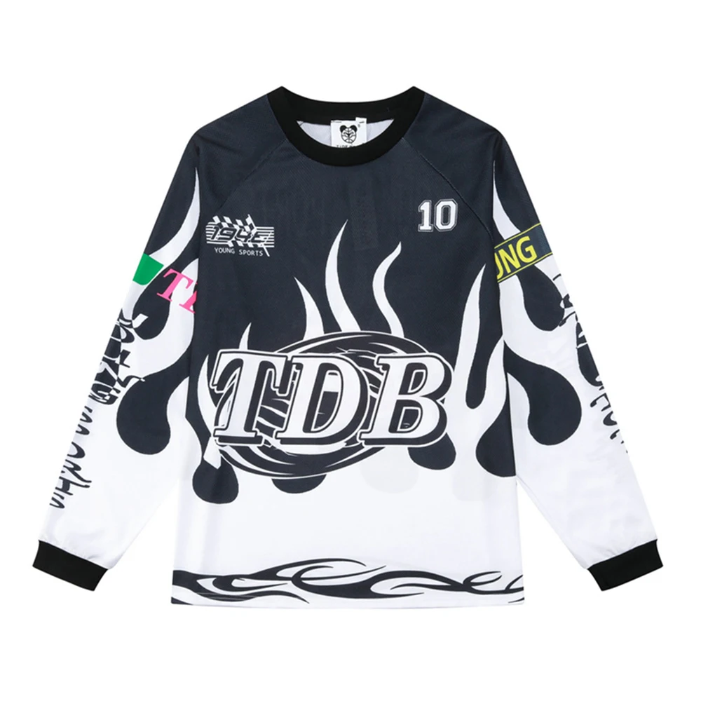 Flame Printed Jersey Tshirt Men Breathable Qucik Dry Sport Tee Shirts Long Sleeve