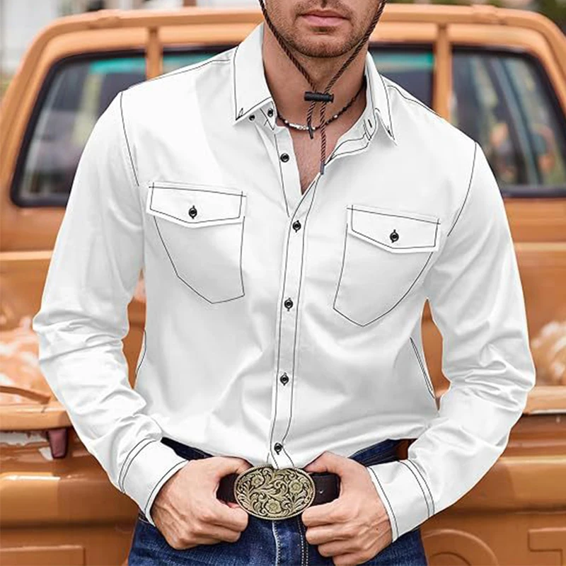 Vintage Patchwork Lapel Shirts Mens Cowboy Style Casual Long Sleeve Pockets Shirt Fall Classy Solid Color Men Shirt Streetwear