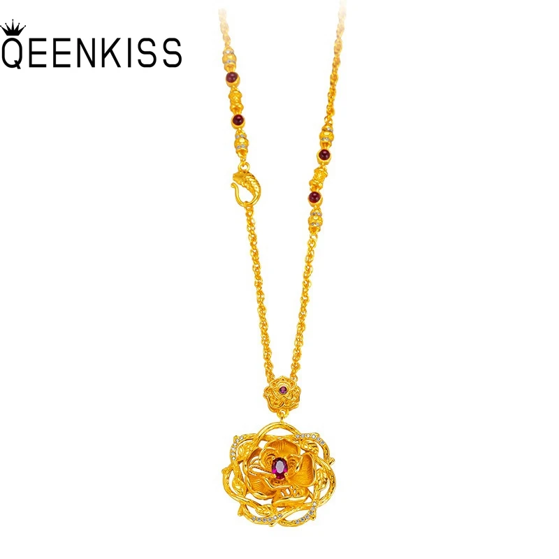 

QEENKISS 24KT Gold Vintage Rose Flower Necklace Pendants For Women Wedding Party Birthday Christmas Bride Mother Gifts PT5225