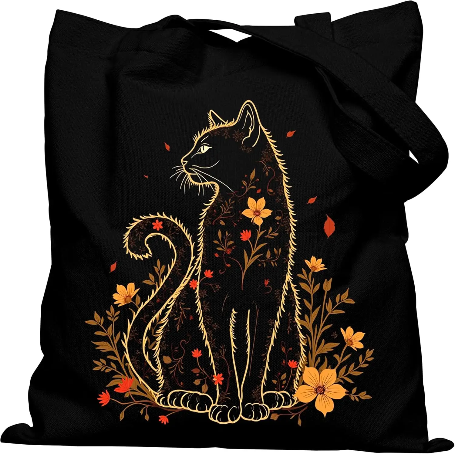 

Dark Academy Black Canvas Shoulder Bag with Flower Cat Gold Line Design Handbag for Casual and Versatile Commuting Use