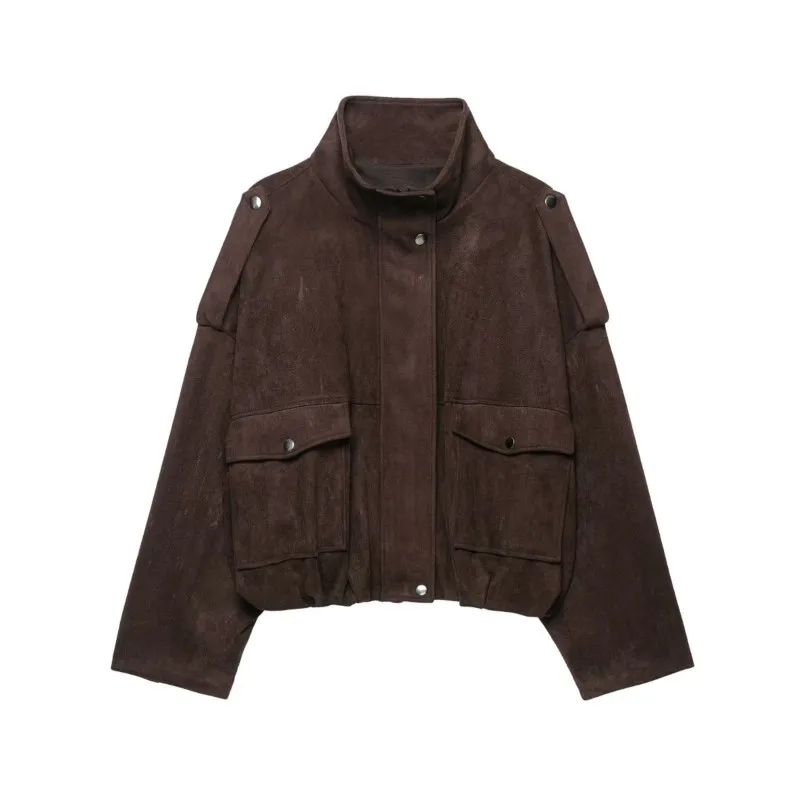 HipSeam Women's Faux Suede Jacket with Shoulder Tabs New 2026 Autumn High-Neck Long Sleeve Women Outerwear Female Chic Coat Tops