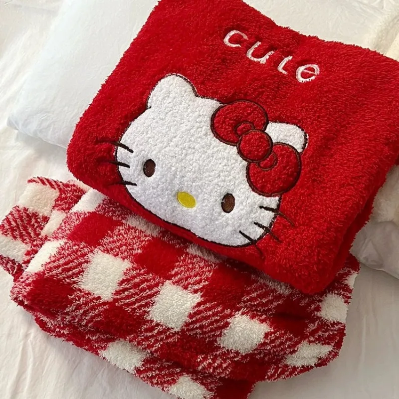 Kawaii Hello Kitty anime kartun hangat piyama tebal untuk wanita musim gugur dan musim dingin coral beludru pakaian rumah dua potong set hadiah