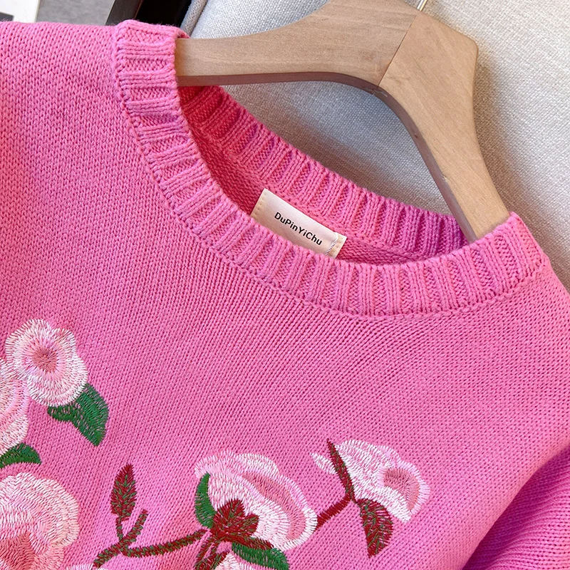 

Осенний брендовый свитер Bule European Sle Street Loose Heavy Work Floral 3D Hand Feel Camere Long Sve round Ne Sweater