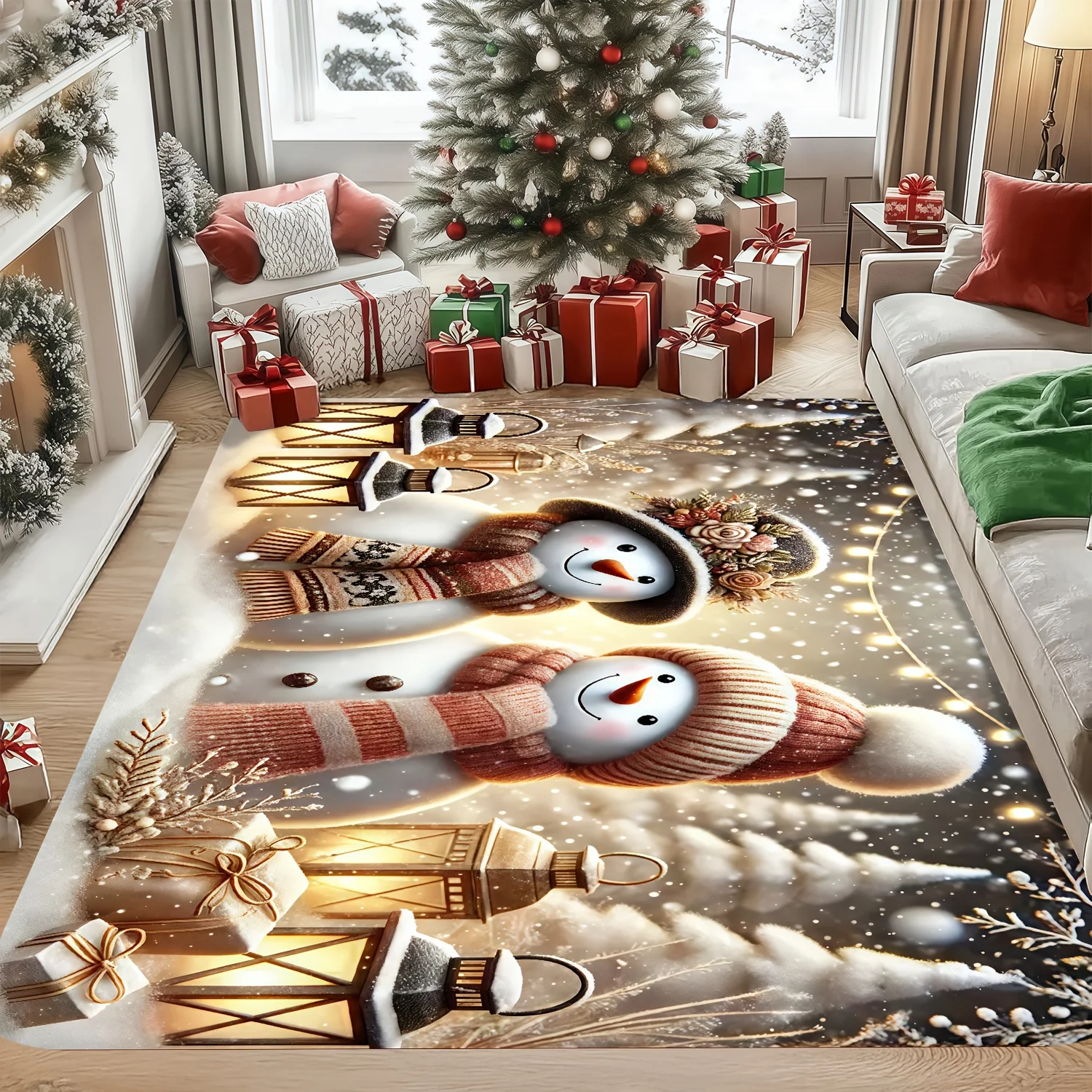 Christmas Snowman and Gift Box Printed Rug, Washable Decor Mat for Living Room, Bedroom, Entryway, Large Dining Room