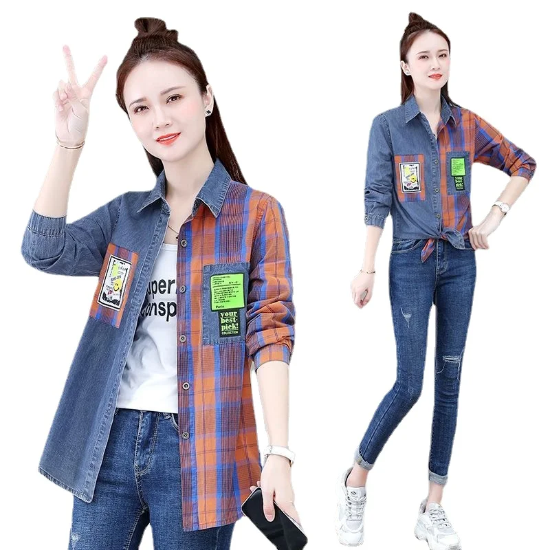 Fashion Stitching Denim Plaid Shirt Long Sleeve Women's Spring and Autumn New Korean Style Loose 2023 Casual Coat Top