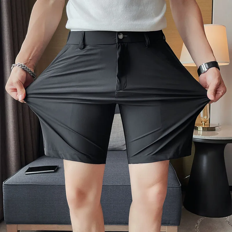 2023 Summer High Elastic Ice Silk Shorts Men Simple Casual Breathable Short Pants Formal Business Slim Knee Length Short Pants