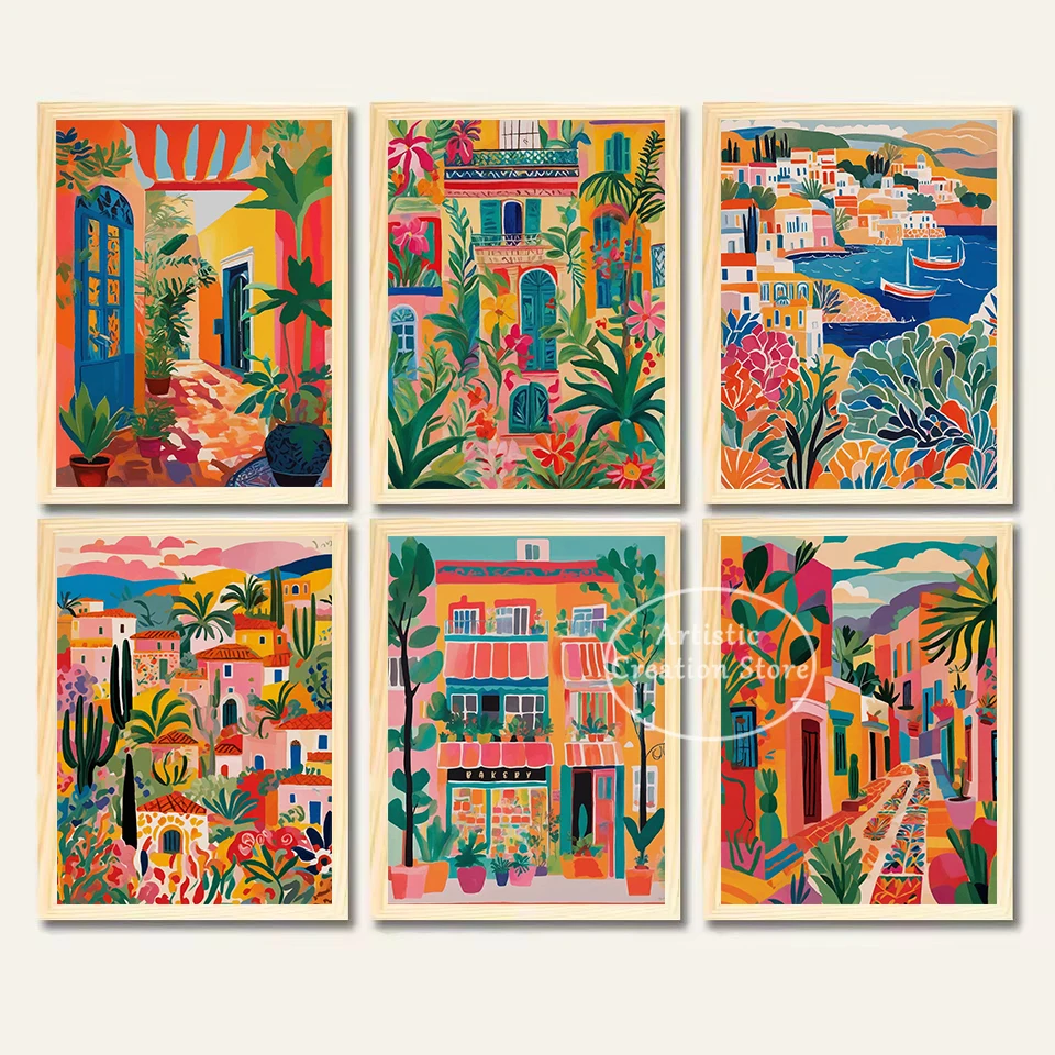 Abstract Morocco Colorful House Architecture Plants Cityscape Illustration Poster Canvas Painting Wall Art Picture Home Decor