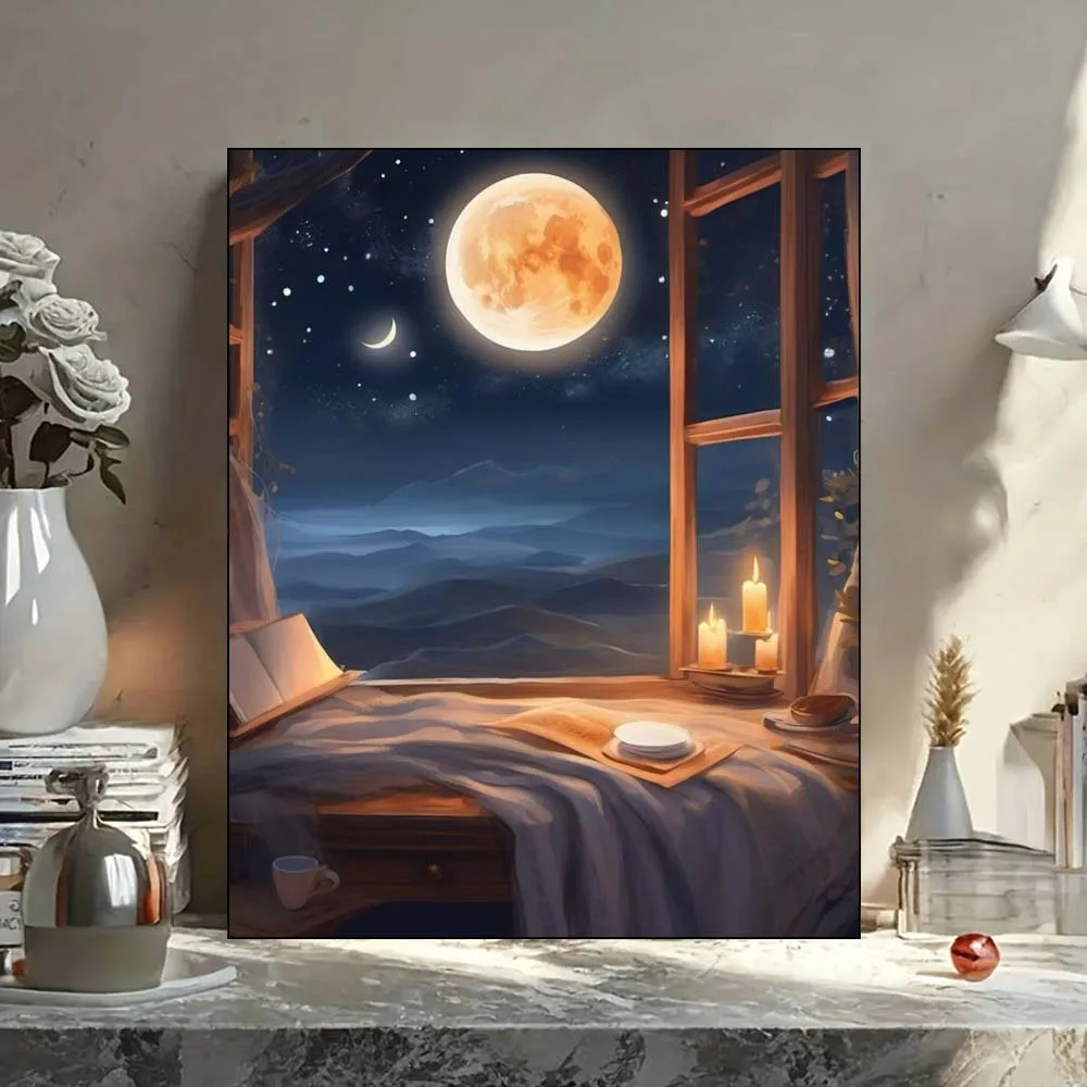 Cozy Bedroom at Night with View of Moons and Misty Mountains Diy Digital Oil Paint Set For Adults But Excludes Frame