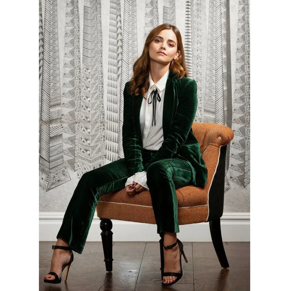 2024 Luxury Green Velvet Christmas Women's Costume Notch Lapel 2 Pieces Jacket Pants Female Clothing Banquet Office Lady's Suits