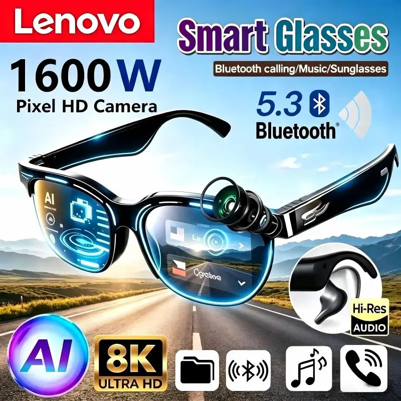 Lenovo 8K HD Smart Glasses AI Translation Bluetooth Conversation Recording Listening To Music Smart Sunglasses for Men Women