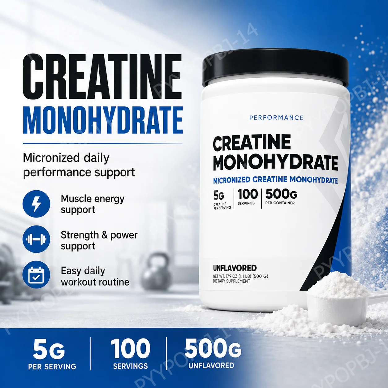 Creatina Monohidrato en Polvo Micronizado Sin Sabor, 5g por Porción, 100 Porciones, Apoyo para Energía, Fuerza y Potencia Muscular, 500g