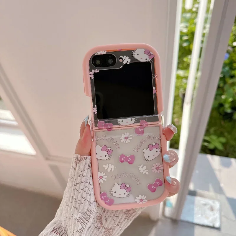 Cute Transparent Pink Flower Hello Kitty Phone Case for Samsung Galaxy Z Flip7 6 5 4 3 Shockproof with Lanyard view 6