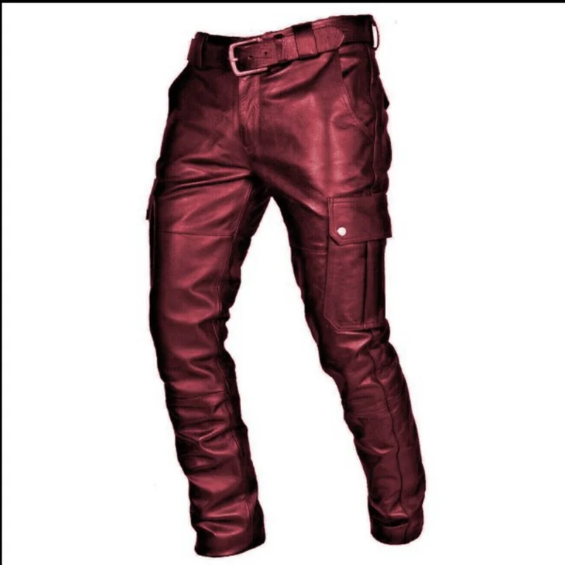 Pantalones de cuero negro para hombre, pantalones ajustados informales de Pu para motocicleta, Pantalones rectos Punk para montar, otoño