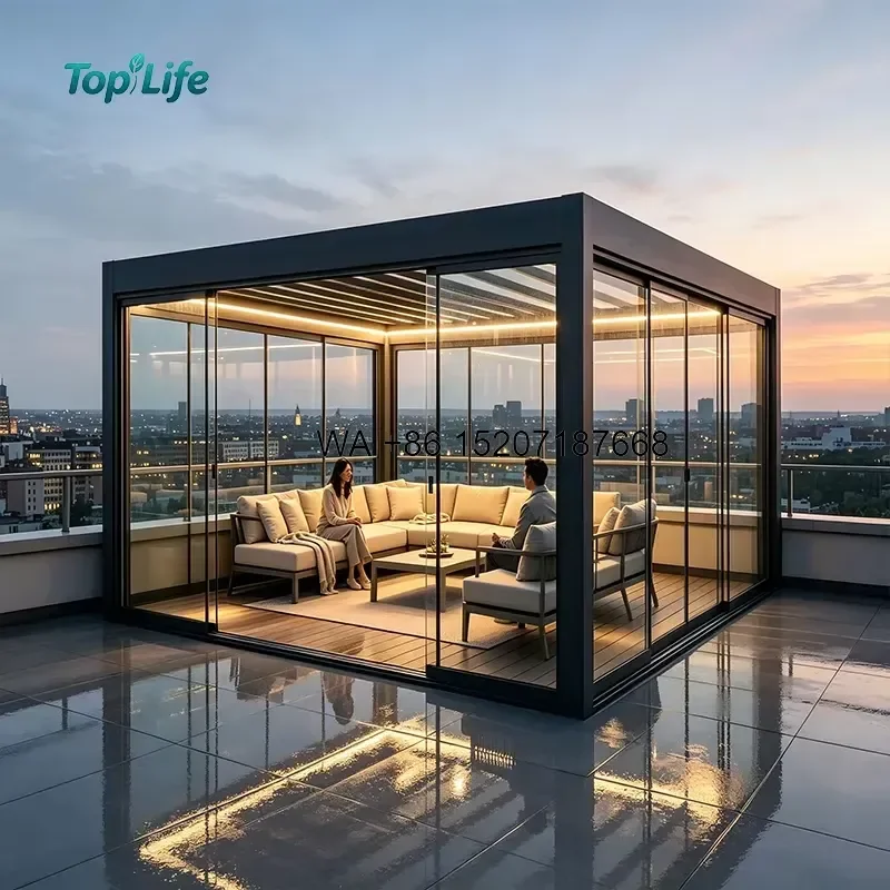 Wmwmnu Custom Bioclimatic Pergola with Sliding Glass Panels Motorized Louver Roof LED for Urban Rooftop Outdoor Room