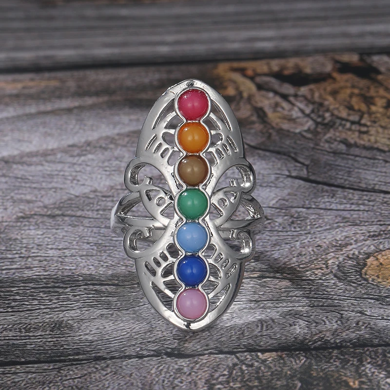 

Ethnic Style 7Chakra Healing Hollow Pattern Open Ring Thumb Reiki Natural Stones Silver Color Rings for Women Boho Jewelry